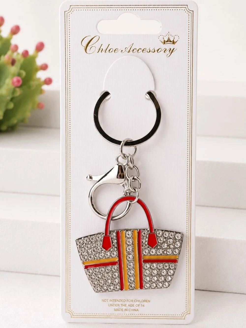 Women's Rhinestone Orange Handbag Purse Keychain | SILVER Tone Bag Charm Orange